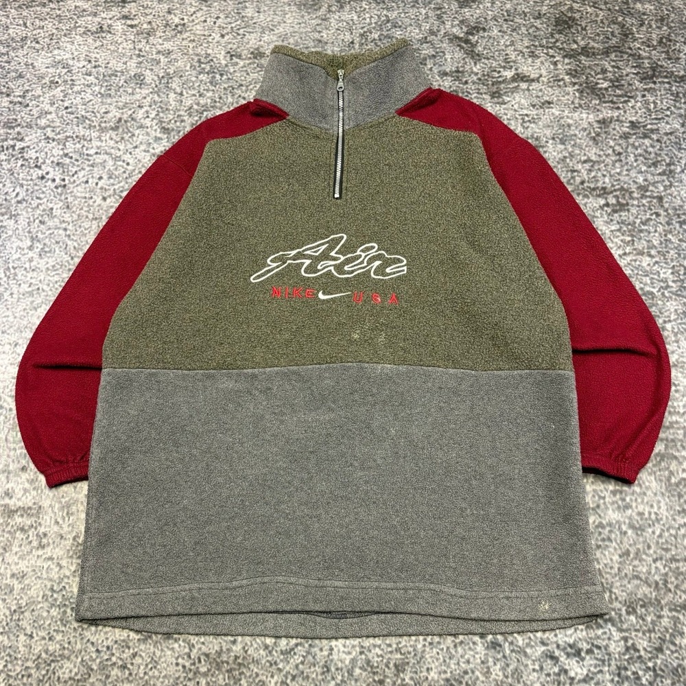 Vintage Nike Air Fleece Pullover 1/4 Zip Mens XL Gray Red Color Block Cozy 90s